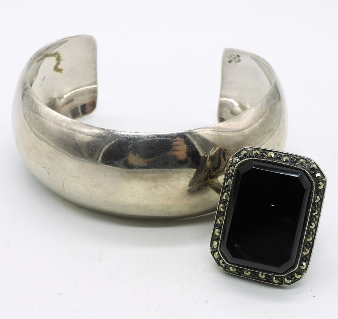 Mexico Sterling Bracelet & Onyx Ring: JAI Mexico 925 Cuff Bracelet, 1" wide. Sterling Black Onyx & Marcasite Ring, size 7. (32.8 dwt)