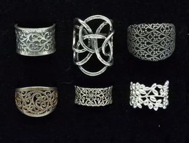 Six Sterling Intricately Designed Rings