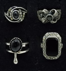 4 Sterling Black Onyx & Marcasite Rings