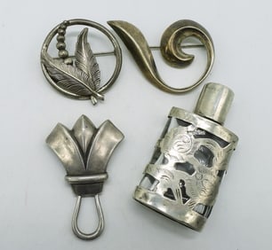 Vintage 925 Brooches & Glass Bottle