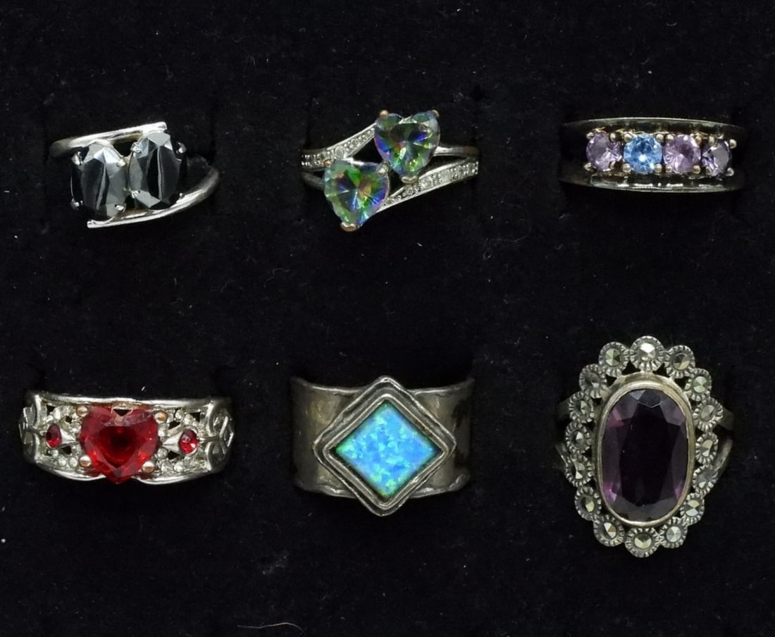 6 Sterling Fashion Rings with Gemstones (1 of 2)