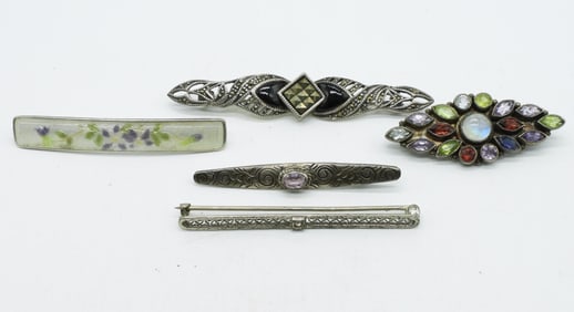 5 Vintage Sterling Gemstone Brooches