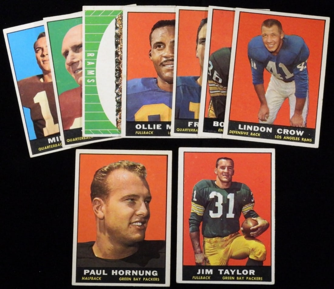 (9) Football Cards: Including Paul Hornung, Jim Taylor, Boyd Dowler and more. Various conditions, duplicates possible
