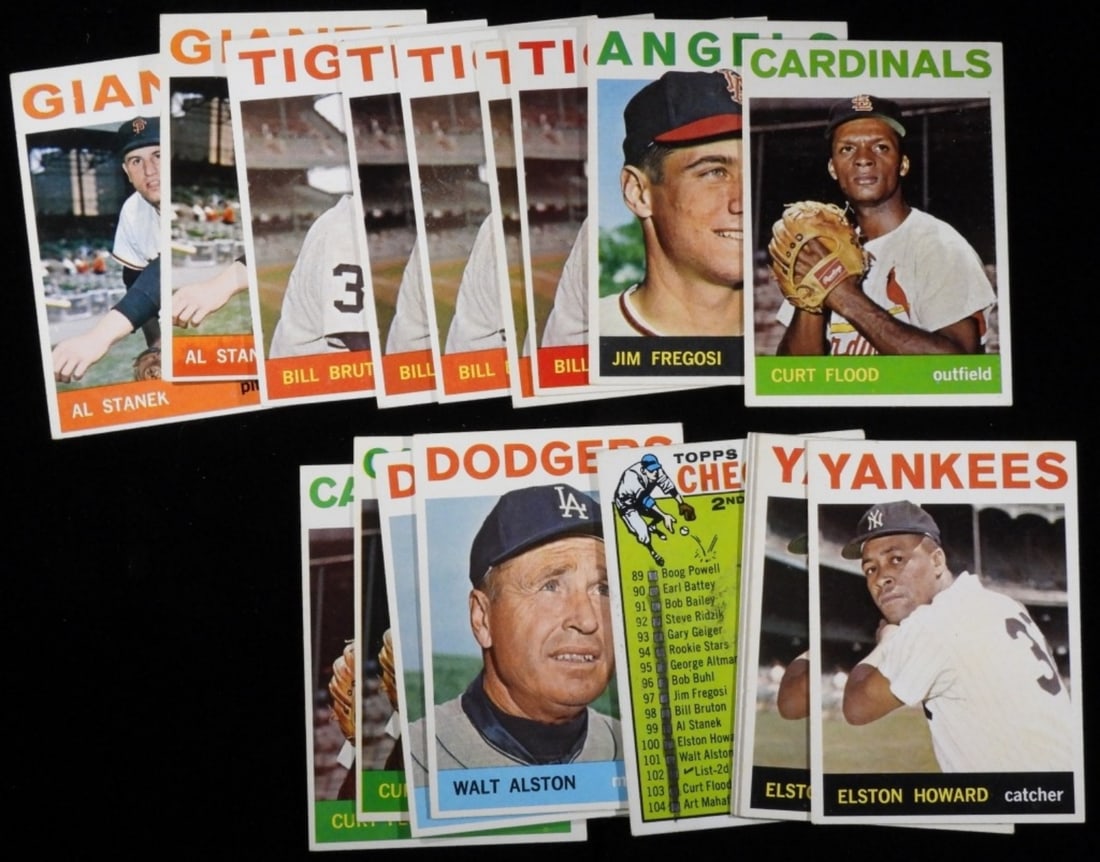 (18) Baseball Cards 1964: Including Curt Flood, Jim Fregosi, Bill Burton and more. Various conditions, multiples in this lot