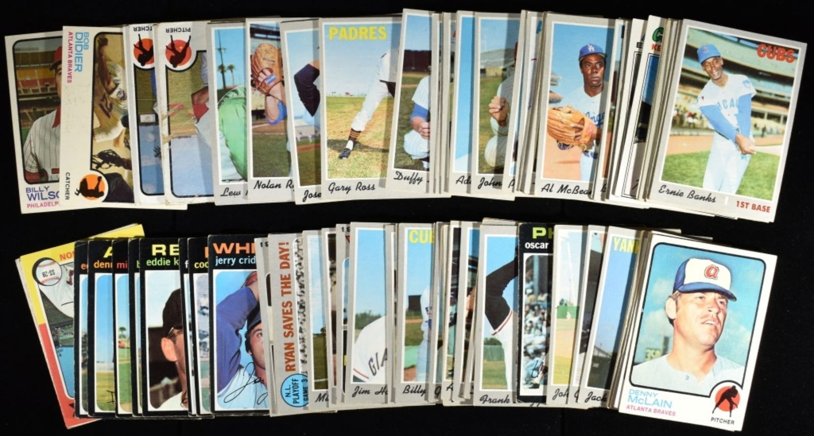 1970s Large Baseball Cards Lot: Horace Clarke, Earnie Banks, and 1969 National League Strikeout Leaders! Conditions may vary, may have duplicates, and may include possible reprints.