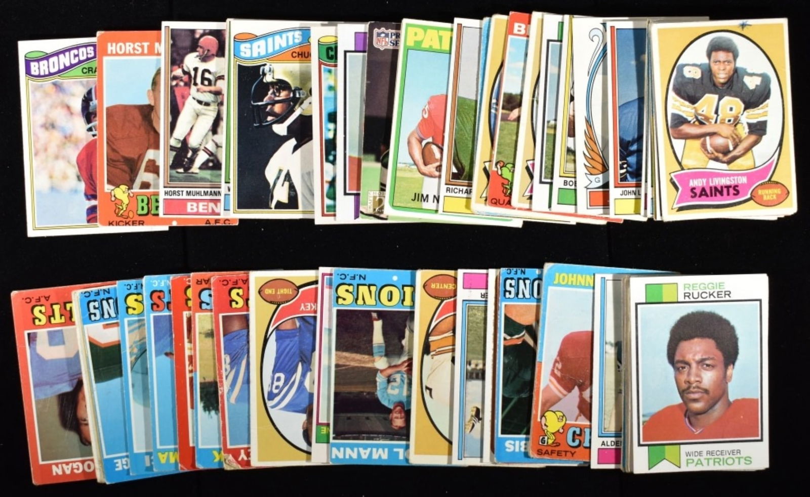 Large Football Card Mixed Lot: Reggie Rucker, John Rowser, Johnny Roland. Conditions may vary. May have duplicates or reprints.