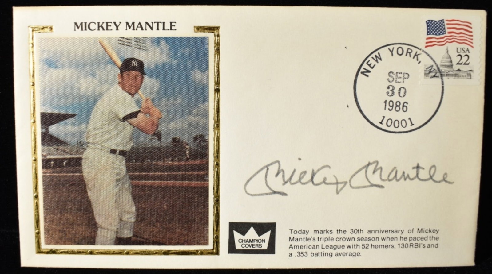 Mickey Mantle Mailing Envelope: Sep 30, 1986, From New York