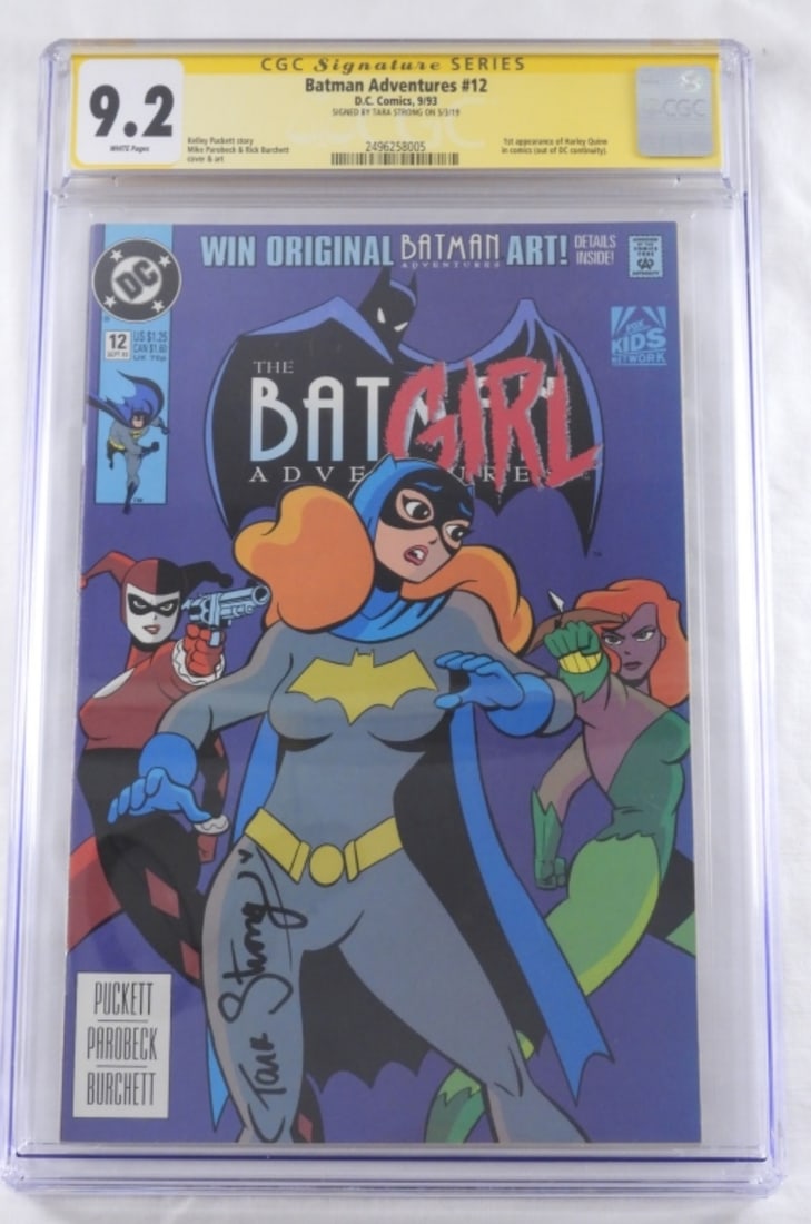 CGC 9.2 Signature Series Batman Adventures #12: 9.2 CGC Signature Series Batman Adventures #12 D.C. Comics, 9/93. Signed by Tara Strong on 5/3/19. White pages. 1st appearance of Harley Quinn in comics (out of DC continuity).