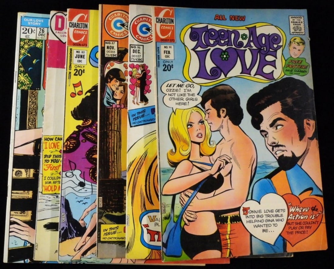 (6) Love Comics: Teen Age Love #91, #96. Love Diary #87, Teen Confessions #80, Our Love Story #26, Falling In Love #142. Various conditions. 1973.