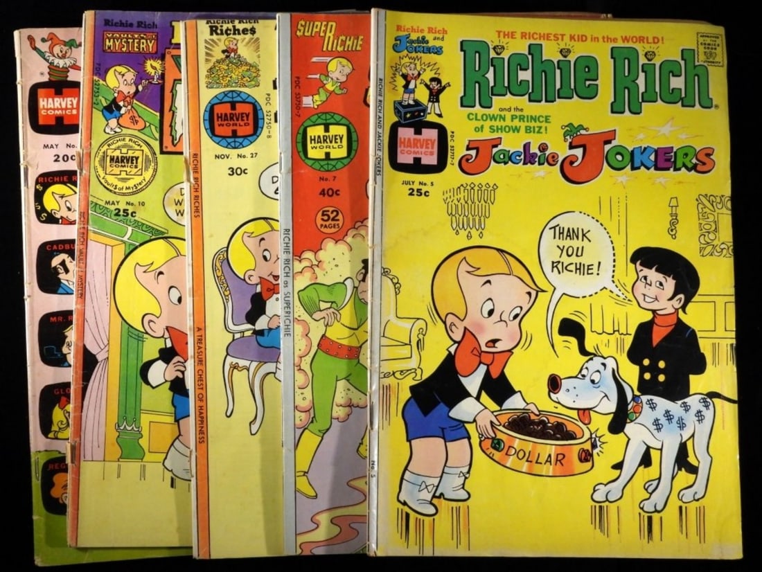 (5) Richie Rich The Poor Little Rich Boy: Super Richie #7, Richie's #27, Vaults of Mystery #10, Money World #5, Jackie Jokers #5. Various conditions