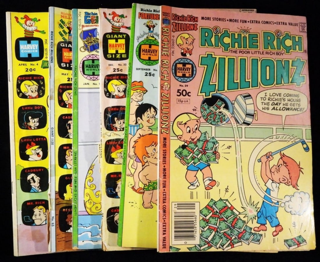 Richie Rich Comics (6): Fortunes #30, Millions #32, Gems #15, Millions #65, Jackpots #4, Zillionz #29. Various conditions