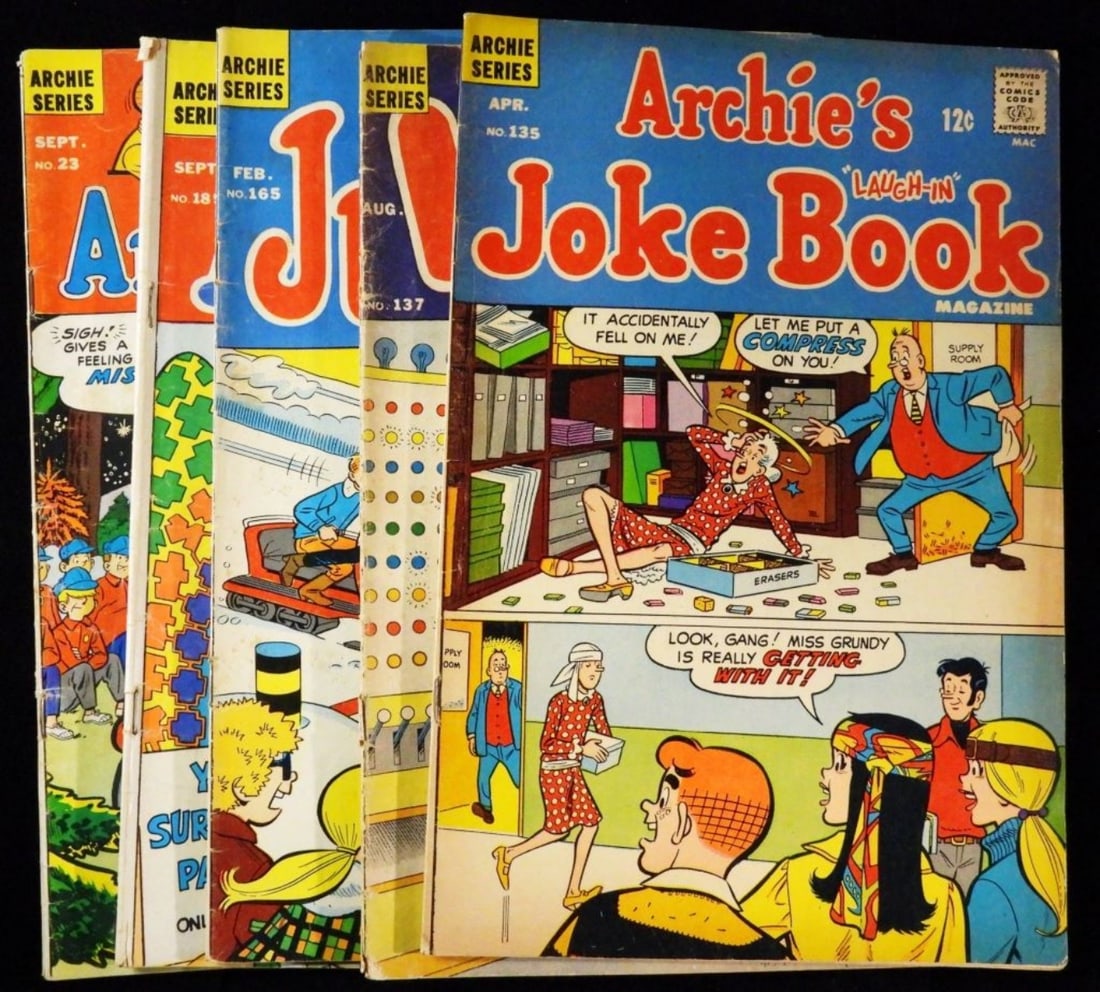 (5) Archie Series Comics: archies joke book #135, Laugh #137, Jughead #165, Archie #185, Archie and me #23. Various conditions