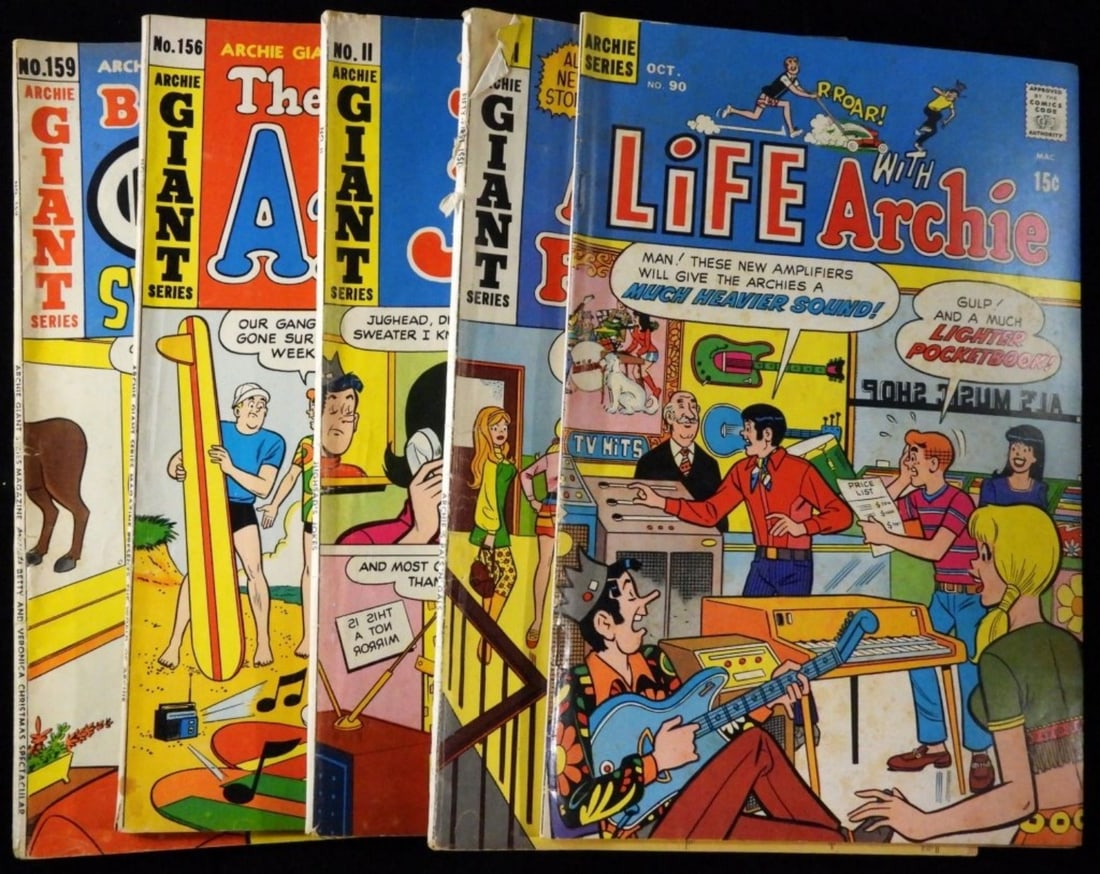(5) Archie Series Comics: Life with archie #90, archies pals n gals #51, jugheads jokes #11,the world of archie #156, betty and veronica Christmas #159. various conditions