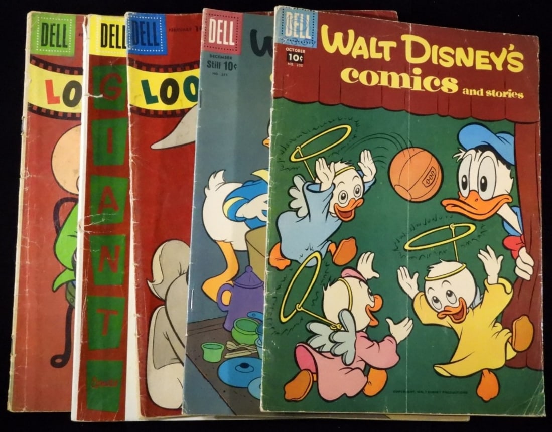 (5) Silver & Gold Dell Comics: Walt Disney's comics and stories, Numbers 205 & 231 (205 has writing on the top of the cover.) Bugs Bunny's Christmas #6. (2) Looney Tunes Numbers 184 & 208 (208 has writing on the cover.)