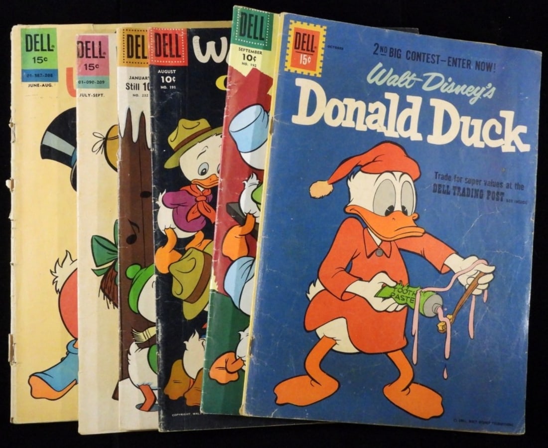 (6) Dell Comics Silver Age: 1) Walt Disney's Donald Duck #79, 2) (3) Walt Disney's Comics and Stories #s 191, 192, & 232. 3) Bull Winkle July-Sept. 1962 4) Walt Disney's Uncle Scrooge #38 (The cover is mostly detached. Also