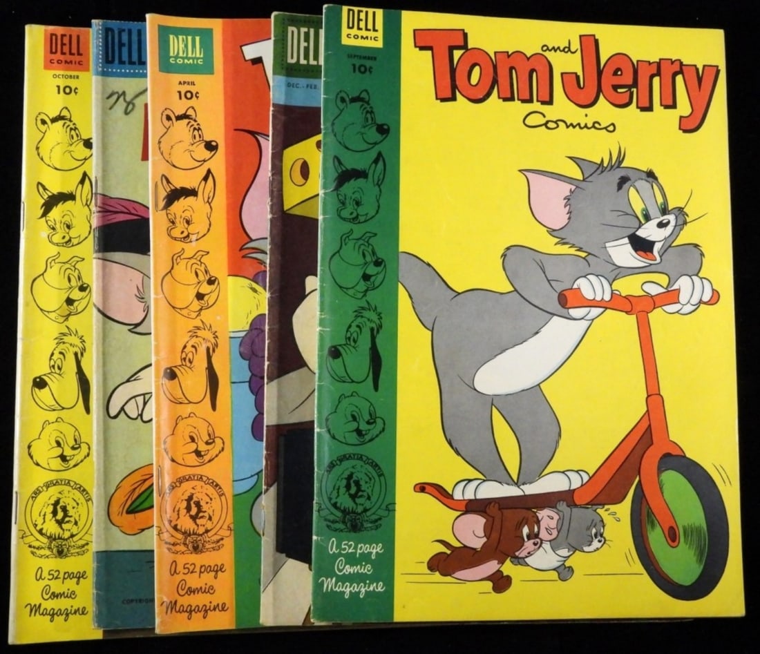 (5) G-VG Dell Tom & Jerry Comics Gold-Silver: 1) M.G.M.'S Mouse Musketeers #9 1957. 2) #105 1953 3) # 12 1961 (there is writing on the cover.) 4)#110 1953 5) #111 1953