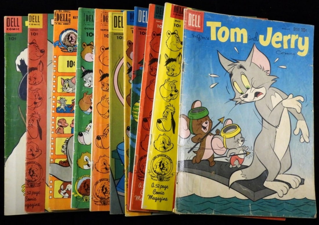 (11) Gold-Silver Age Dell Tom & Jerry Comics: All are G-VG. 1) #121 1954. 2) #70 1950. 3) #99 1952. 4) #98 1952. 5) #148 1956. 6)#102 1953. 7)#149 1956. 8)#115 1954. 9)#106 1953. 10)#181 1959. 11)127 1955