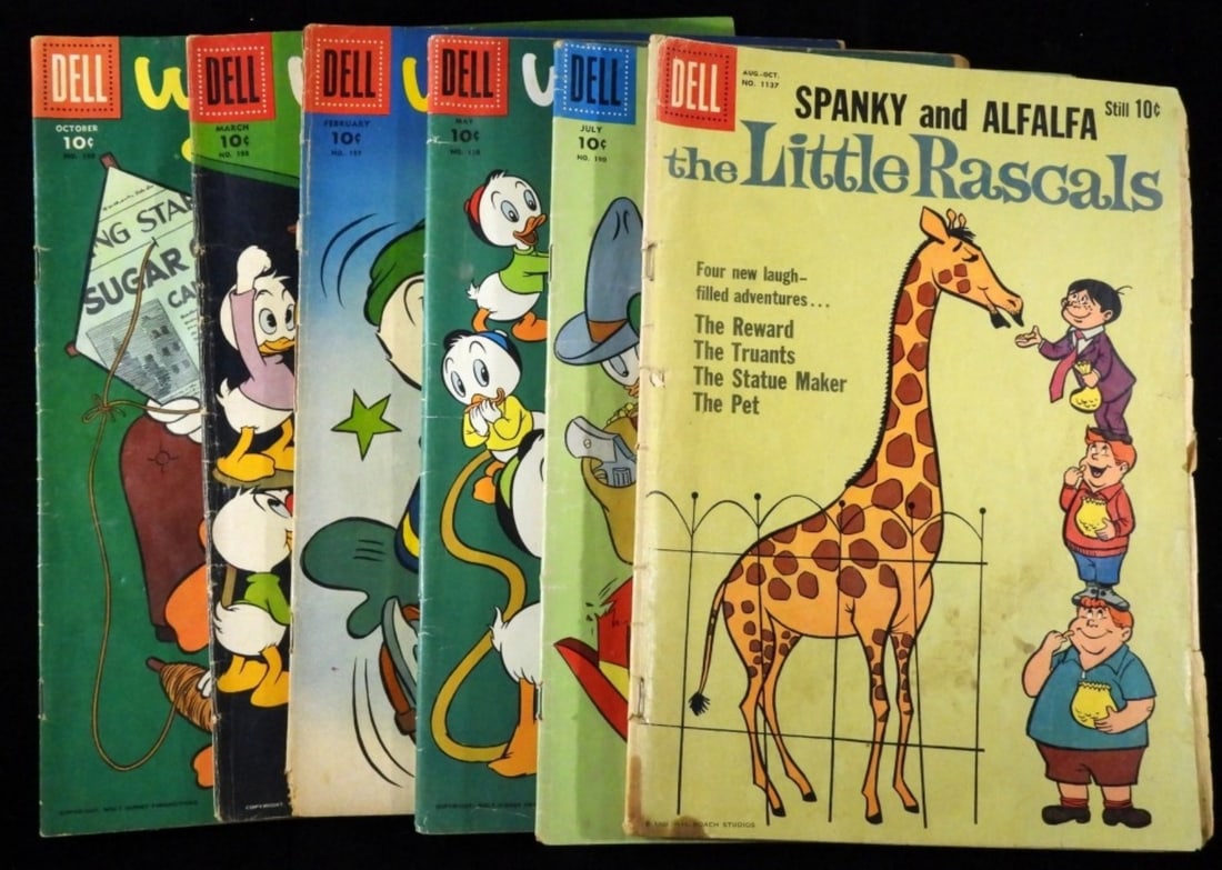 (6) Gold-Silver Age Dell Comics Mixed Lot: 1-5 are Walt Disney's Comics and Stories #s 1 1956, 6 1957, 5 1957 (spine is torn), 8 1956, 10 1956. Spanky and Alfalfa the Little Rascals #1137 1960