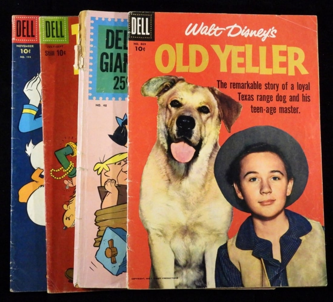 (4) Mixed Lot Of Dell Comics G-VG: 1) Popeye #49 1959. 2)The Flintstones #48 1961 (There is a rip in the cover and along the spine.) 3) Old Yeller #869 1957. 4 Walt Disney's Comics and Stories #194 1956