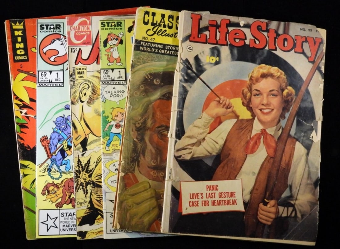 (6) Mixed Lot Of Gold-Bronze Age Comics: 1) Thunder Cats #1, 1985. 2) Charlton Comics Sweethearts #115, 1971. 3) Star Comics Top Dog #1, 1985. 4) Classics Illustrated 20,000 Leagues Under The Sea. #47, 1948 (the cover is almost totally