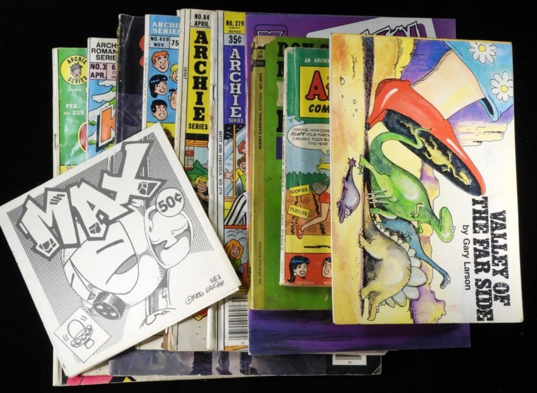 (11) Mixed Lot Various Comics & Books: Don Schiffer, Major League Baseball Handbook 1964, Allen Worlds #1. Plus Archie Comics