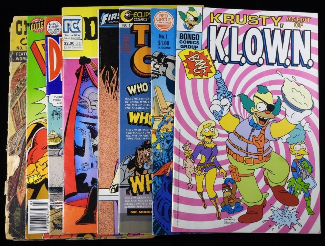 (8) Miscellanies Comics From Different Groups: 1) Classics Illustrated Tigers And Traitors #166 ( there are rips along the spine.) 2) Bongo Comics Radioactive Man #216, 1994. 3) Krusty, Agent Of K.L.O.W.N 1994. (Half of the comic is upside