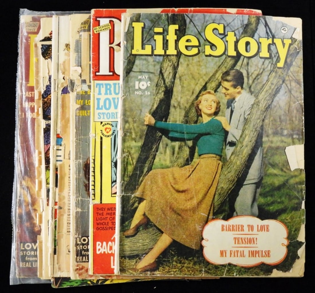 (6) Romance Comics Fair-Good: 1) Popular Romance #24 (missing parts of the cover.) 2) Popular Teen-agers Romances #9, 1951. (The cover comes with it, but is torn off.) 3) Love Adventures #7, 1951. 4) Popular Romance #26,