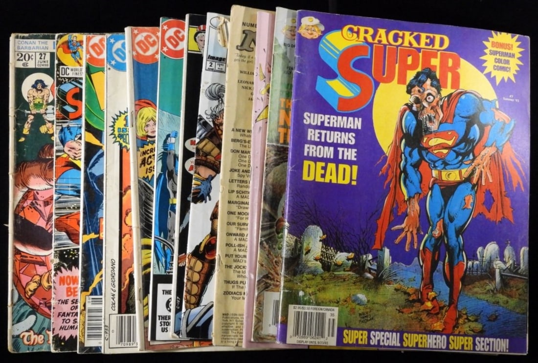 (12) Mixed Lot Of Comics: 1) MAD Number #229, 1982.(The cover is missing) 2) MAD #299, 1990. 3) Cracked #263, 1991. 4) Cracked Super #7, 1993. and more