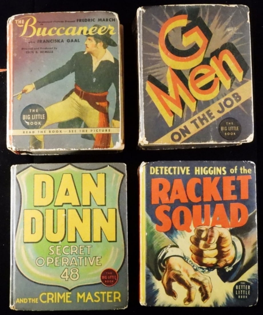 (4) Lot Of The Big Little Books: 1) Dan Dunn, Secret Operative 48.(The back cover is detached.) 2) G Men On The Job. 3) The Buccaneer. 4) Racket Squad.