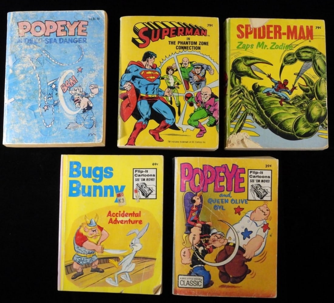 (5) VG Big Little Books: 1) Spider-Man Zaps Mr. Zodiac. (There is some rips in the cover and the first few pages.)2) Popeye In Deep-Sea Danger. 3) Popeye And Queen Olive Oyl. 4) Bugs Bunny Accidental Adventure. 5)