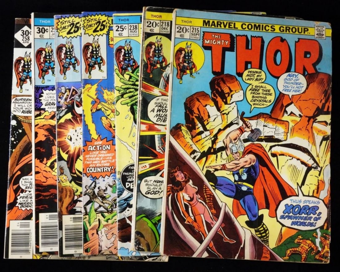 (8) Marvel The Mighty Thor: Years 1973-1977. Fair to good conditions for comics vary, with some creasing, rips, and watermarks. Issues # 215,218,229,238,247,250,255,258. 2- 20-Cent,4-25-Cent,2-30-Cent.