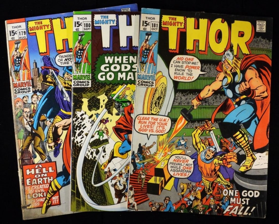 (3) The Mighty Thor Marvel#179-181 (F/G): Year 1970 #179, #180, #181. Fair to good condition, with some creasing, rips along the edges, and watermarks on issues #179 & 181. 15-cent issues
