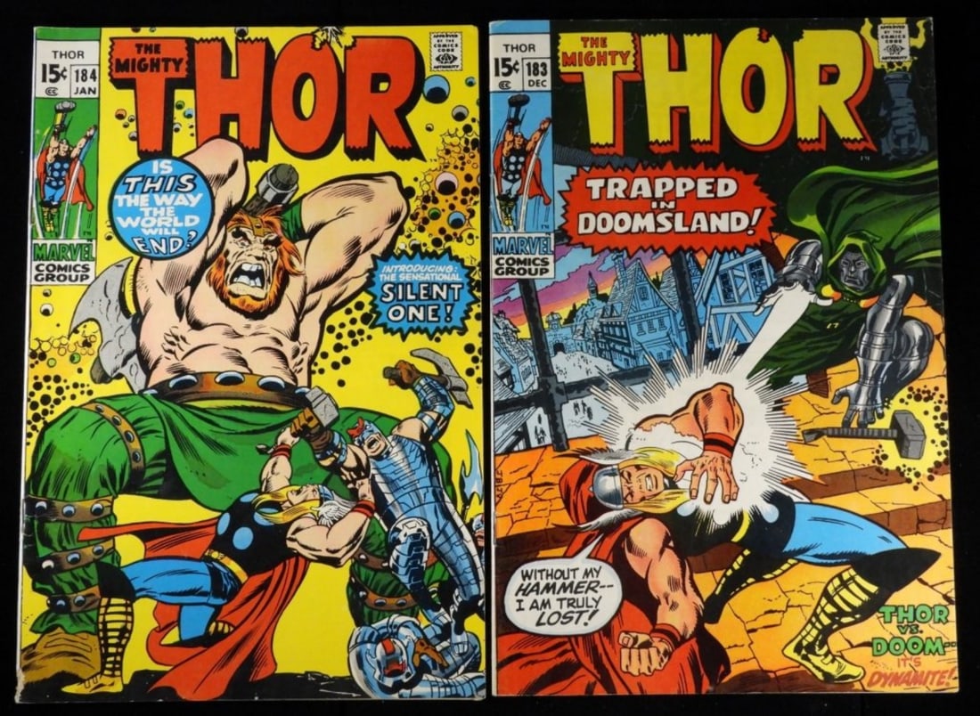 (2) Marvel The Mighty Thor #183-184 (G/VG): Year 1970 #183 in G/VG condition. Battle of Thor vs Doctor Doom. #184 ( 1st appearance of the Silent One). In G condition has a rip on the corner on the bottom left of the comic. 15-cent issues