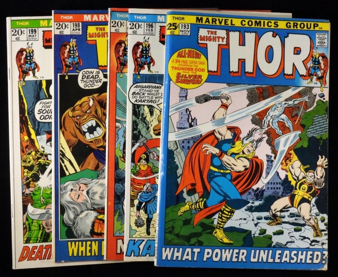 (5) Marvel The Mighty Thor #193,196-199 (G/VG): Year 1972. G/VG condition, creasing, watermarks. Issue #193,196,197,198,199. 2O & 25-cent issues