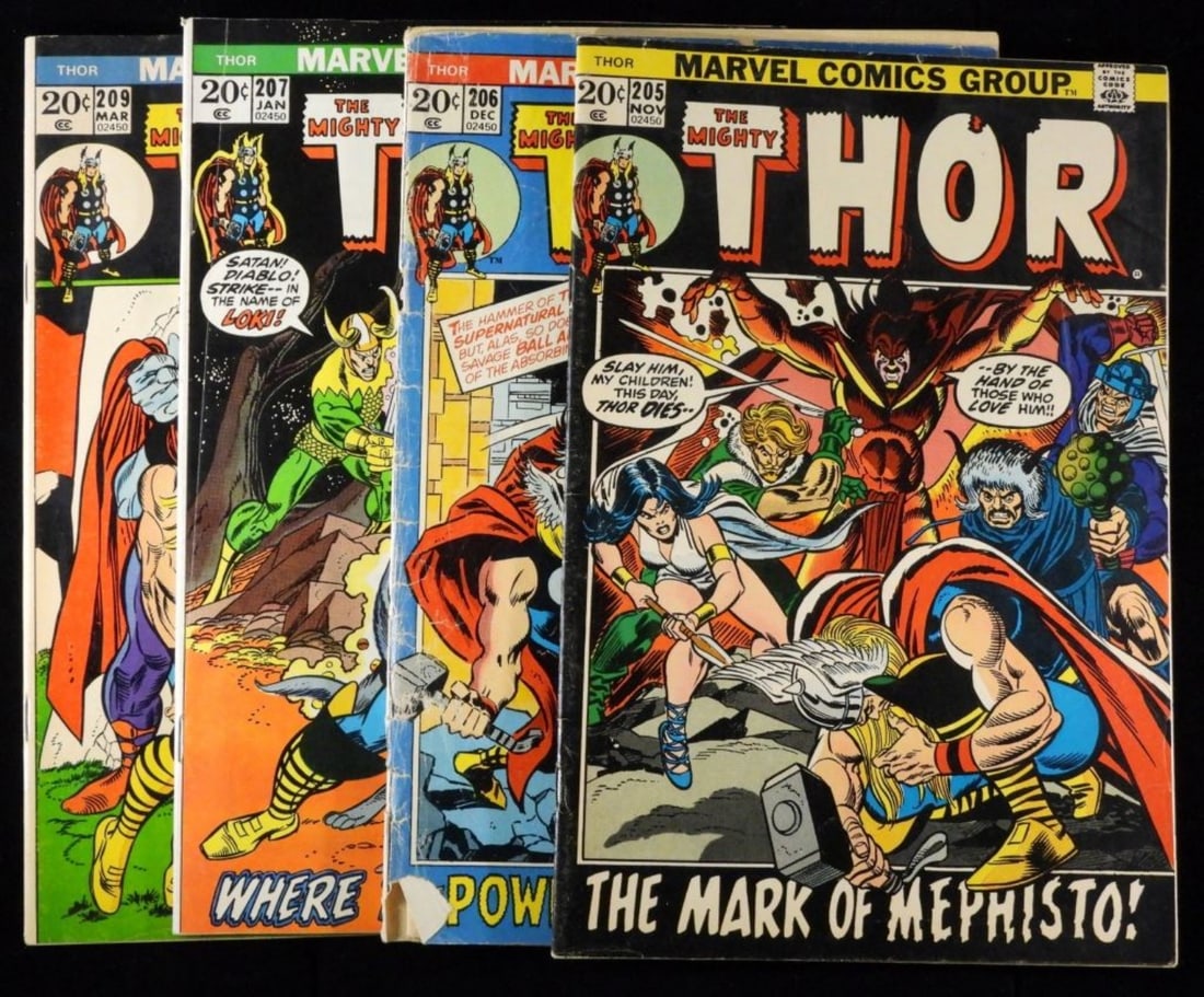 (4) Marvel The Mighty Thor #205-207,209 (F/VG): Year 1973. Comics are in fair to very good condition. #206 is missing some of the back cover and is coming off the spine. The other comics have creasing and some watermarks. 20-cnet issues
