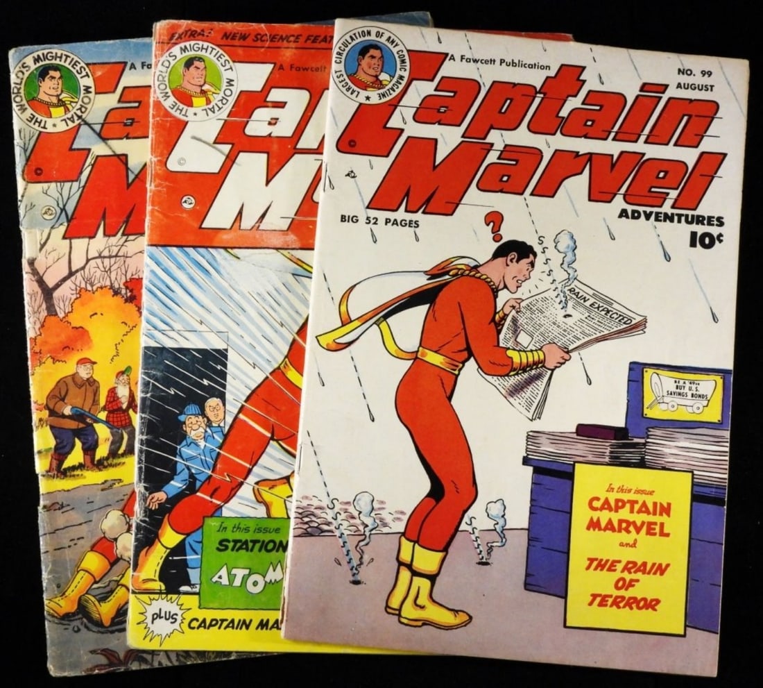 (3) Captain Marvel Adventures #99,129,131 (F/G): F/G condition. Creasing, covers of comics are loose, and watermarking. 1974 & 1952. A Fawcett Publication. 10-cent issues