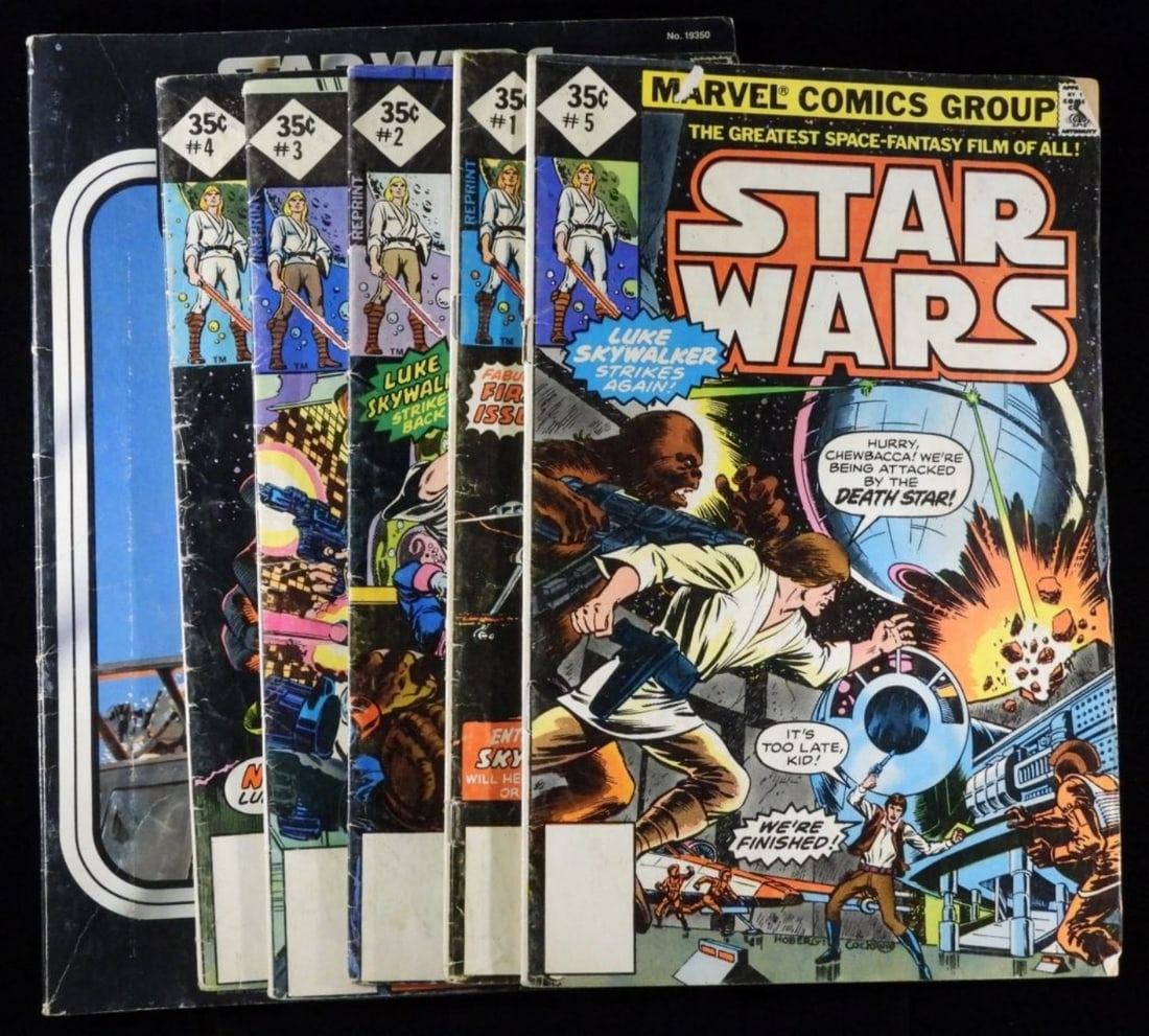 Bronze Age Marvel Star Wars 1977 #1-5 (F/G): F/G condition.Has creasing, rips, and water spots. 35-cent issues. Plus comes with a Return Of The Jedi coloring book ( does have some pages colored)