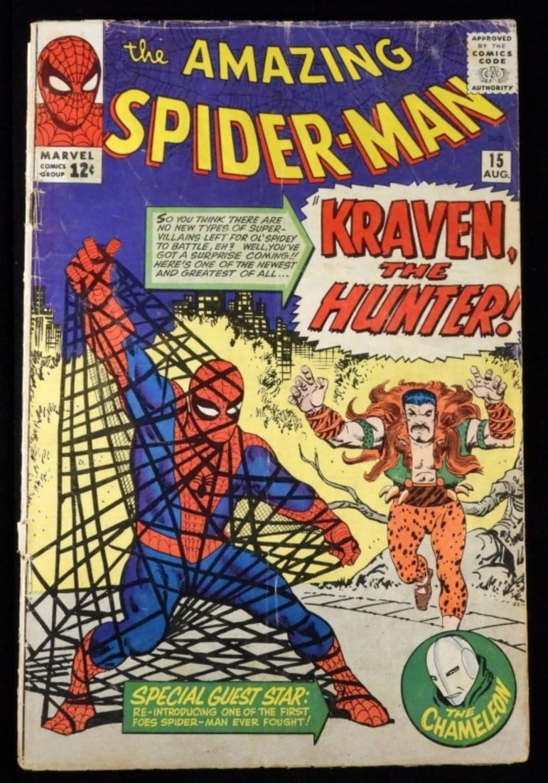 The Amazing Spider-Man Marvel #15 (G): 1964, 12-cent issue. Lots of wear from the years, with creasing and rips along the edges of the comic. 1st appearance of Kraven the Hunter. 2nd appearance of the Chameleon