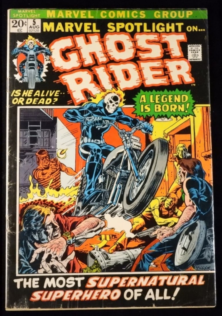 Marvel Spotlight On.. Ghost Rider #5 1972: Is in good condition with some creasing and discoloration around the edges. 1972 20- cent issue