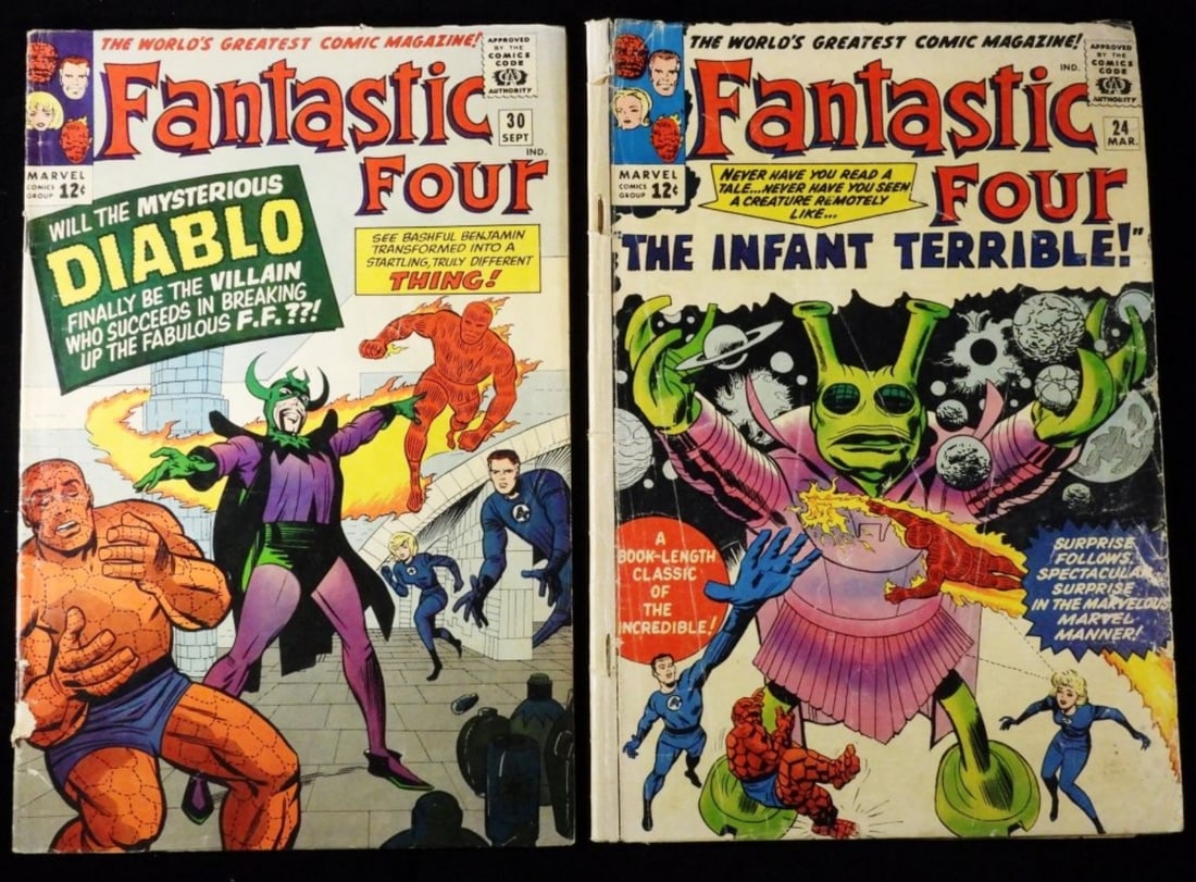 (2) Fantastic Four Marvel #24 & 30 (F/G): 1964. F/G condition. #24 Creasing, rips, watermarks. #30 Ink sport on top of the comic, creasing. 12-cent issue