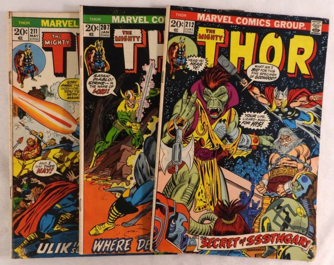 (3) The Mighty Thor: Issues #207, #211, #212. All 1973. #212 The Secret of Sssthgar has a couple pages ripped out but they are still in the book.