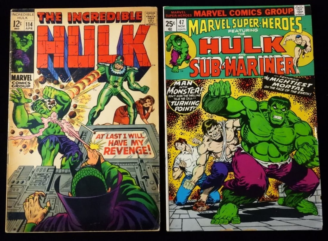 2 Hulk Comics in Good/Fair Condition: Hulk the Sub-Mariner # 47 and The Incredible Hulk # 114. Some wear to cover, spine loose in places