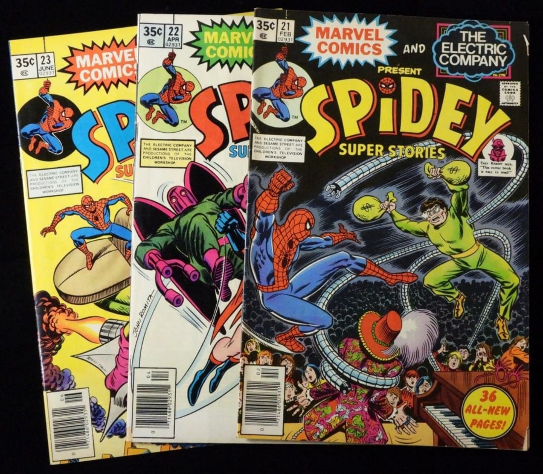 3- Marvel Spidey Super Stories # 21, 22, 23: Fine Condition. No loose, torn or missing pages, small wear on corners of covers and pages, spine in tact