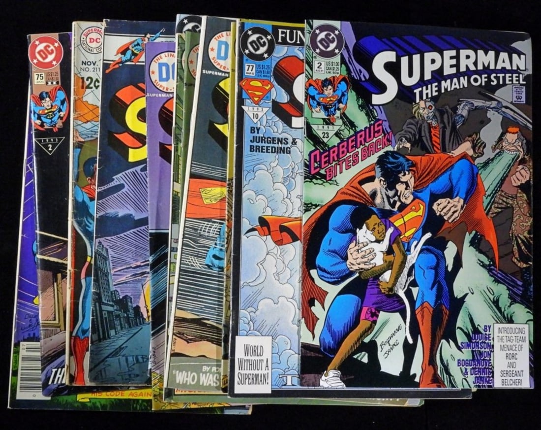 Lot of 14 Misc Superman Comics- Various Grades: Includes, Funeral for a Friend/8, Fall of Metropolis, The Man of Steel, and multiple The Amazin World of Superman. Most comics in Good/VG condition. None missing pages, may have wear to spine and edge
