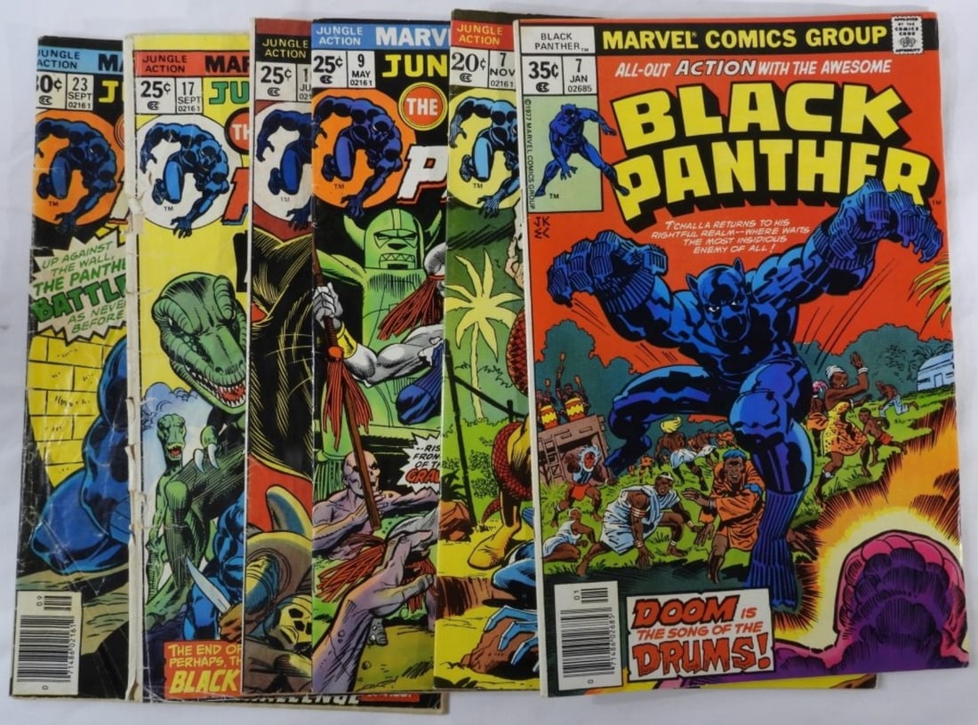 (5) Jungle Action (1) All-Out Action F-VG: Marvel Black Panther 7, 9, 10, 17 (is in fine condition) and 23. All-Out Auction The Black Panther Number 7