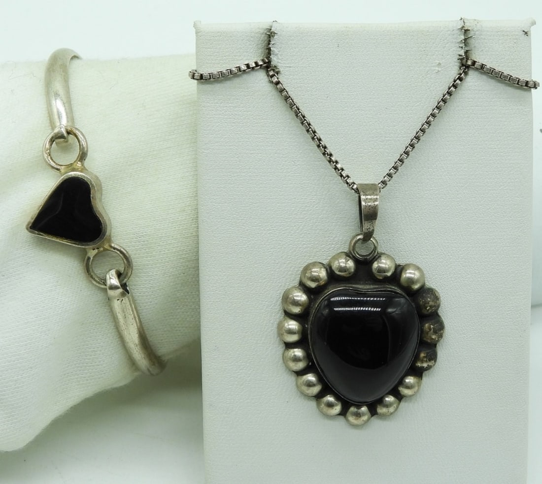 Taxco Black Onyx 925 Bracelet & Necklace (1 of 3)