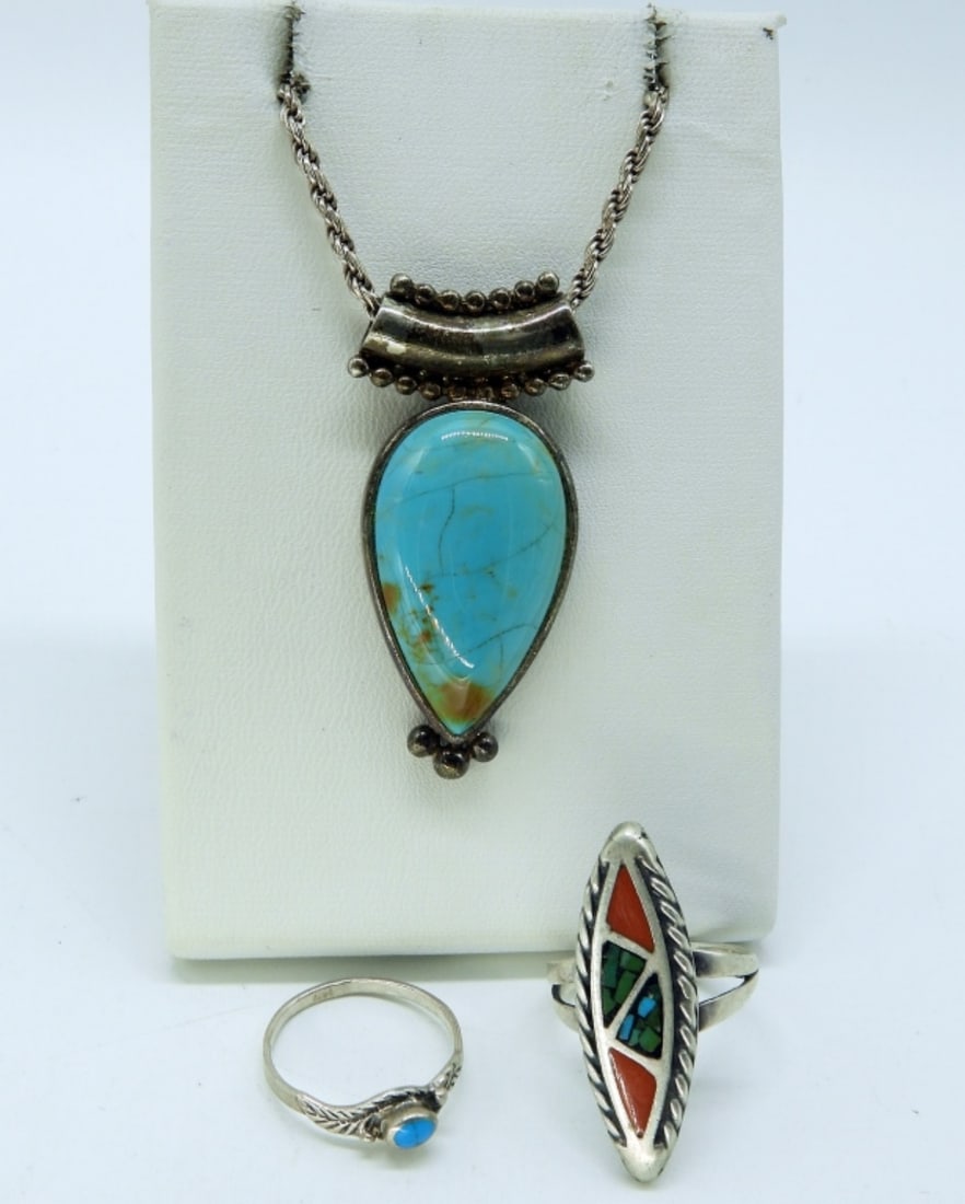 Pretty Turquoise 925 Necklace & Rings (1 of 2)