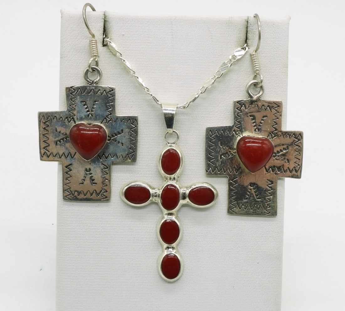 Red Gemstone Cross 925 Necklace & Earrings (1 of 1)