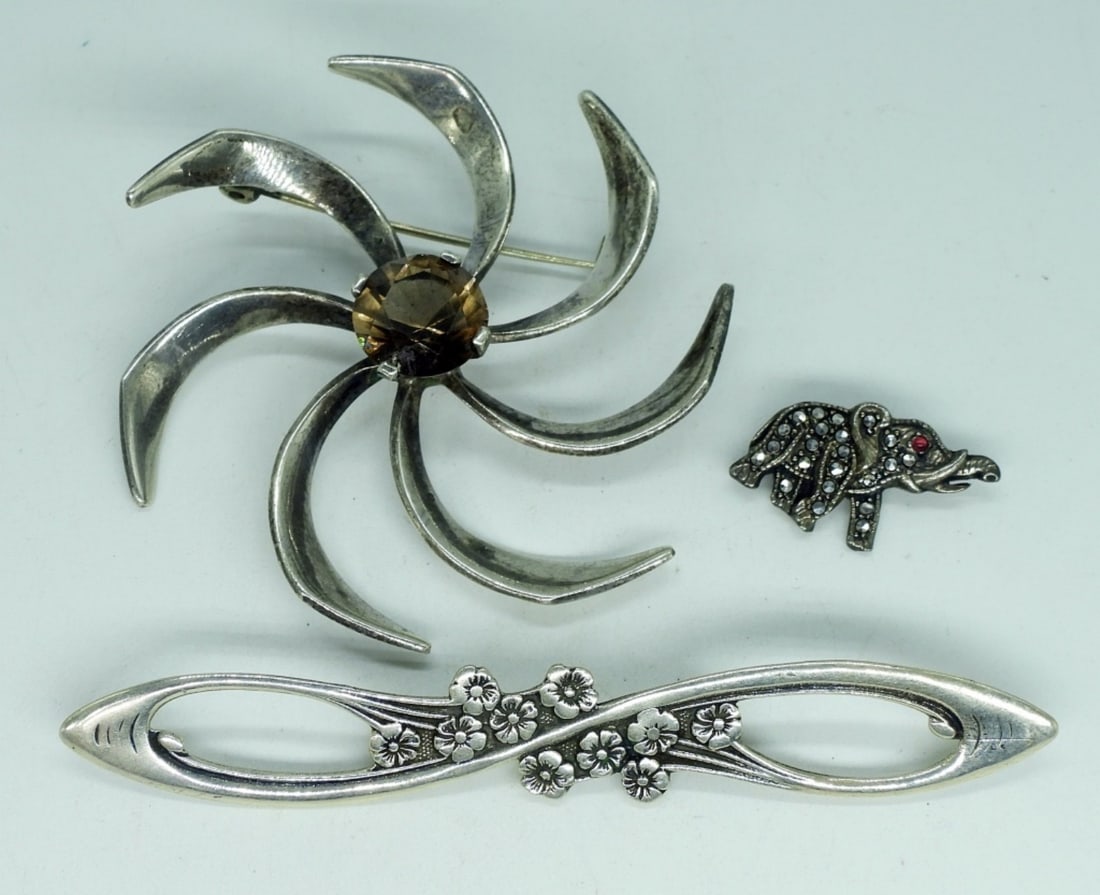 3 Sterling Brooches, Smokey Quartz (1 of 2)