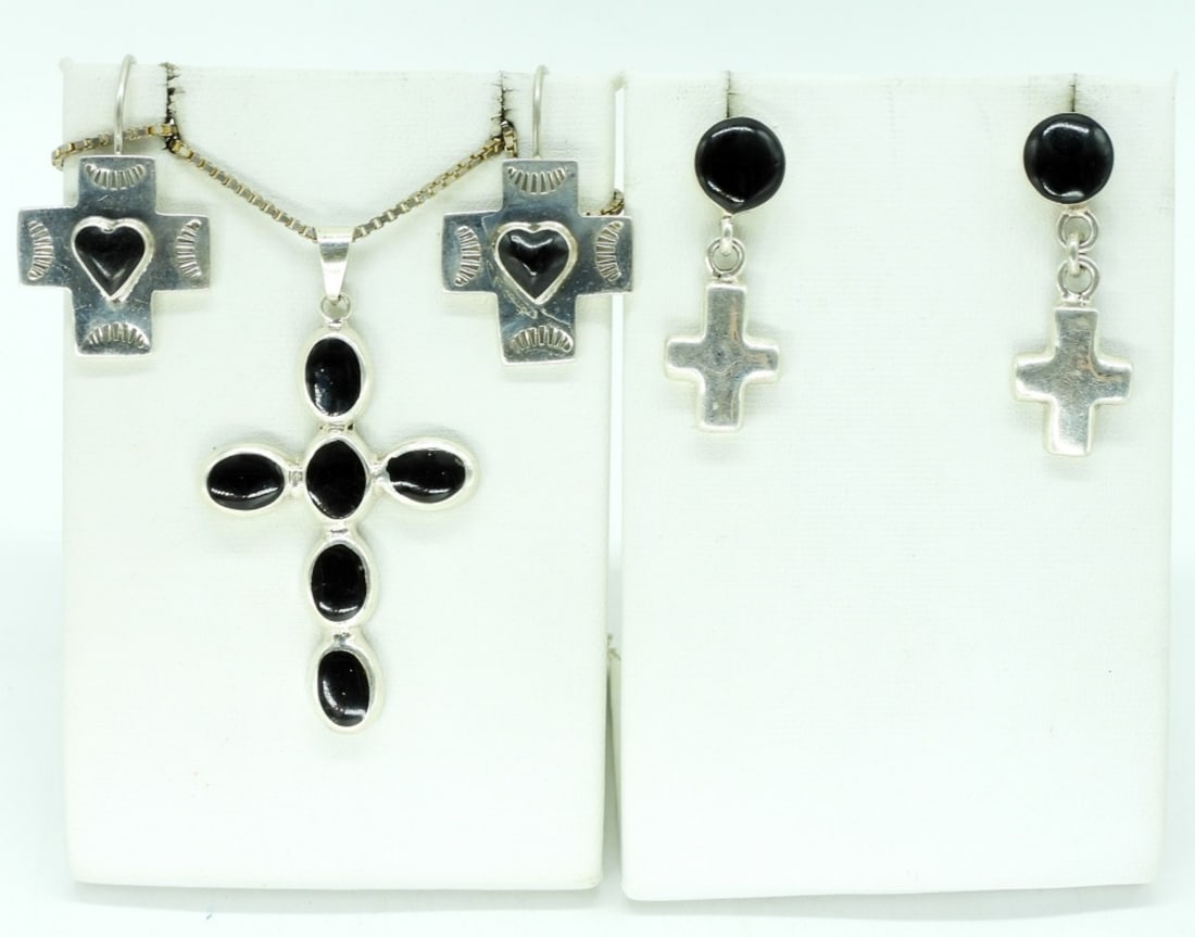 Black Onyx 925 Cross Necklace & Earrings: Sterling and Black Onyx. Necklace is 20" long, pendant is 2" long. Two pair of sterling pierced earrings, both 1.5" long. (17.8 dwt) (6x4x2)